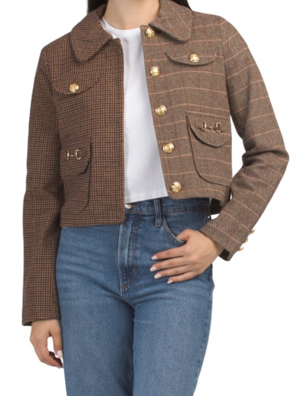 AVEC LES FILLES Wool Blend Mixed Plaid Pattern Two Pocket Cropped Jacket